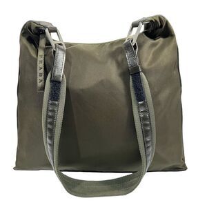 Prada Women's Olive Green Black Nylon Leather Trim Hobo Shoulder Bag Medium